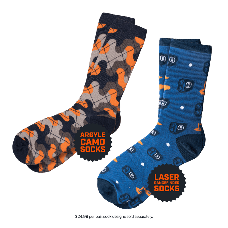 Laser Rangefinder and Argyle Camo socks on transparent background, $24.99 per pair, sock designs sold separately.